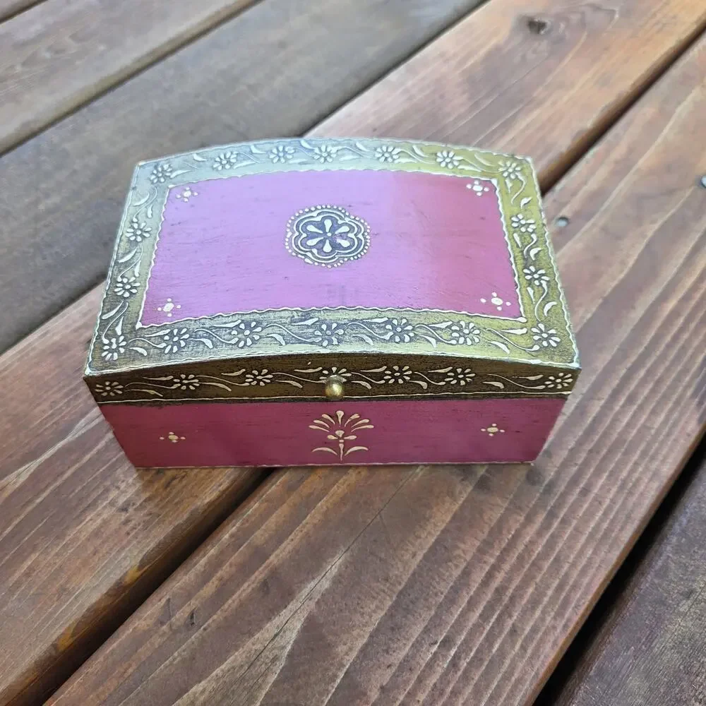 World Market Micheala Dome Jewelry Box Hand Painted India Boho Folk Art